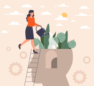 Illustration of a woman nurturing growth inside a human head, symbolizing leadership development and internal change