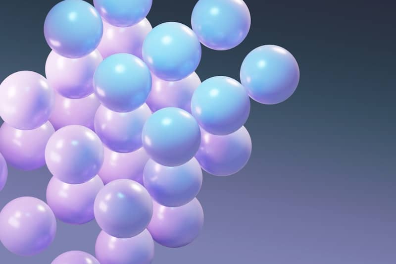 Abstract cluster of floating purple spheres representing glass and rubber balls metaphor